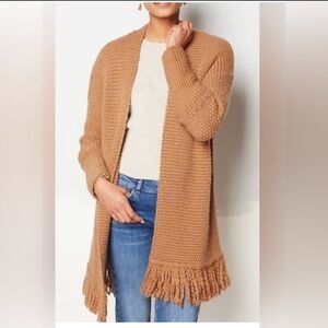 J. Jill Tan Saffron Open Long Line Fringe Detail Dreamer Cardigan Sweater Coat L
